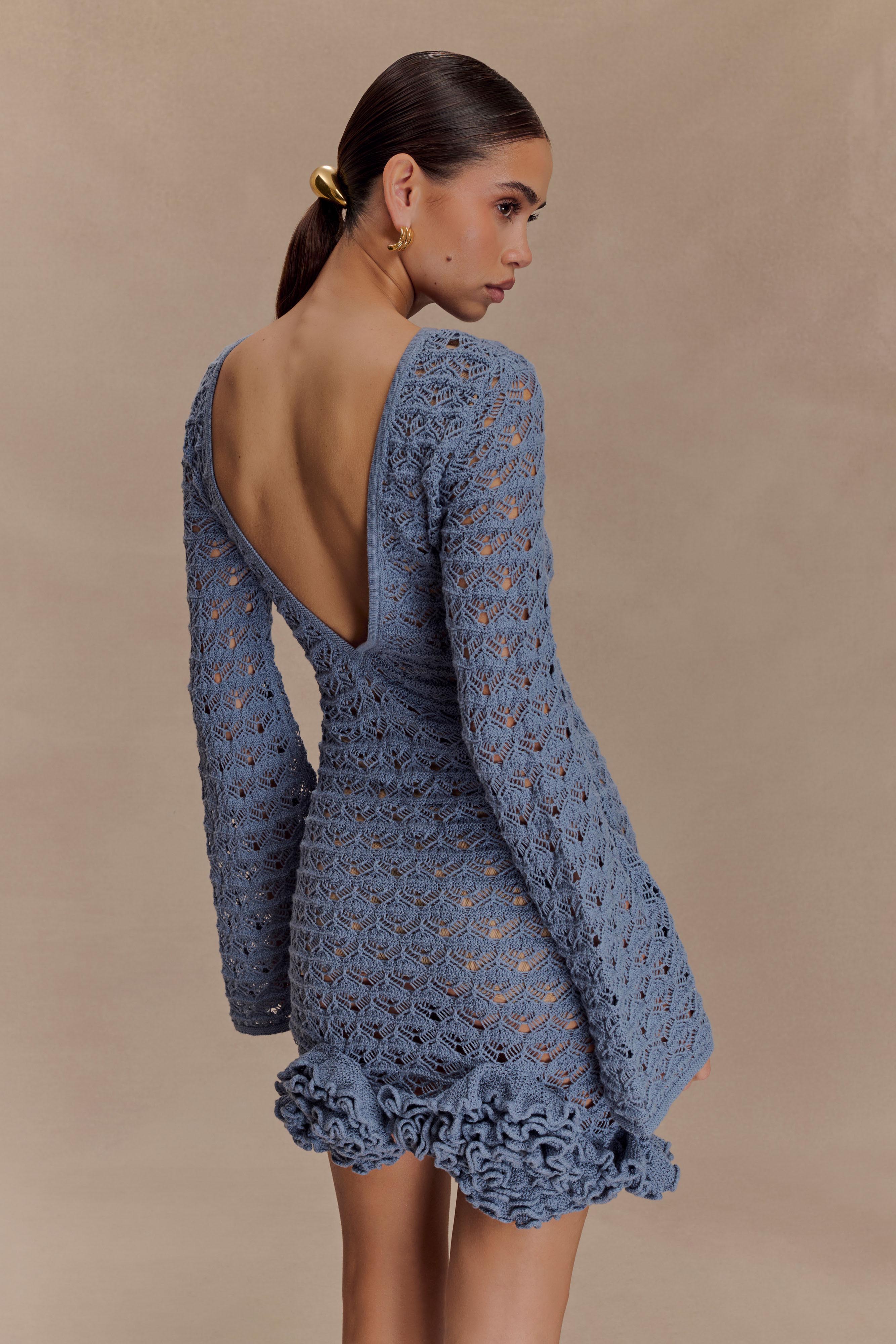 Aileen Ruffle Crochet Mini Dress - Steel Blue - Image 2
