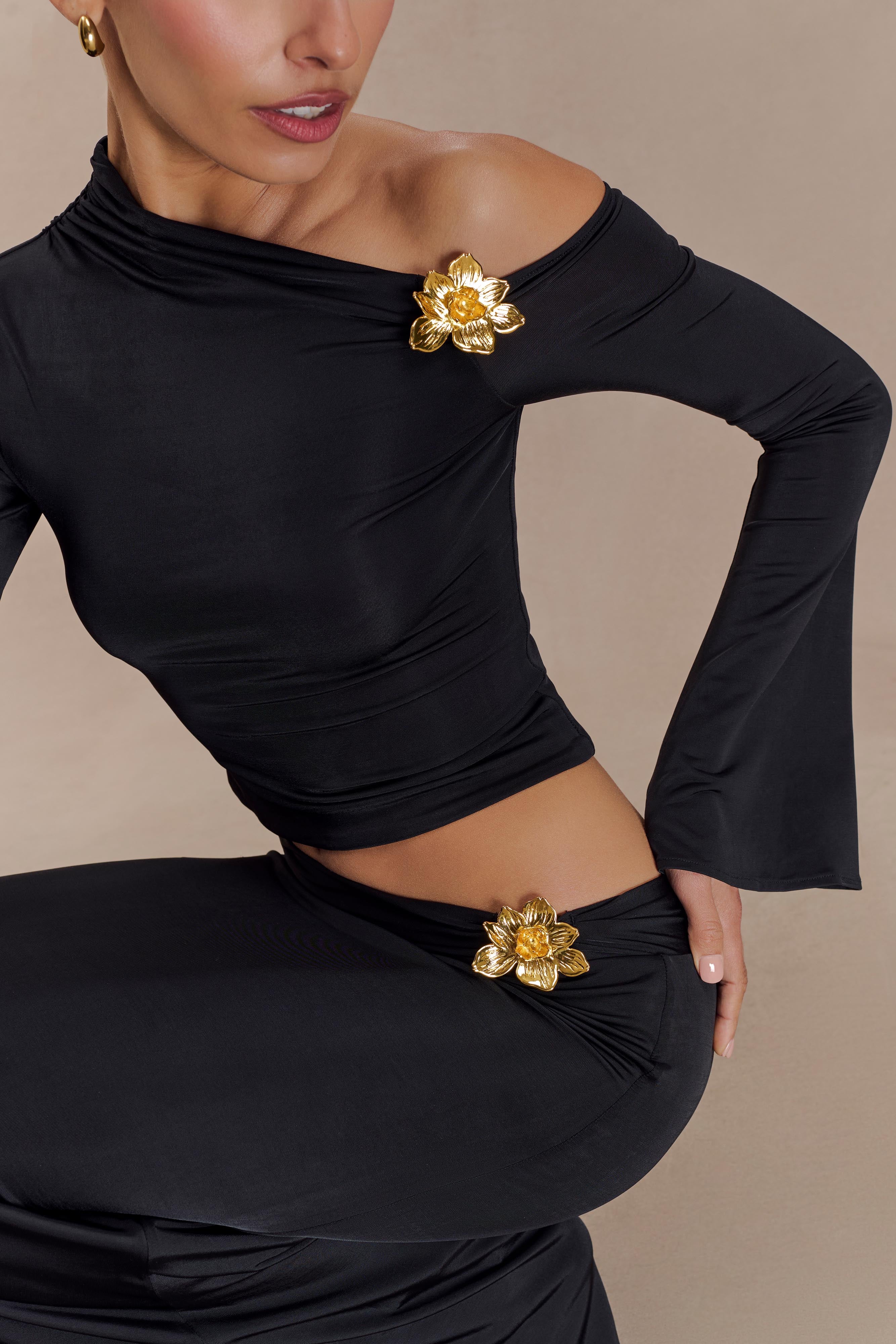 Ainsley Asymmetrical Long Sleeve Top With Floral Hardware - Black - Image 3