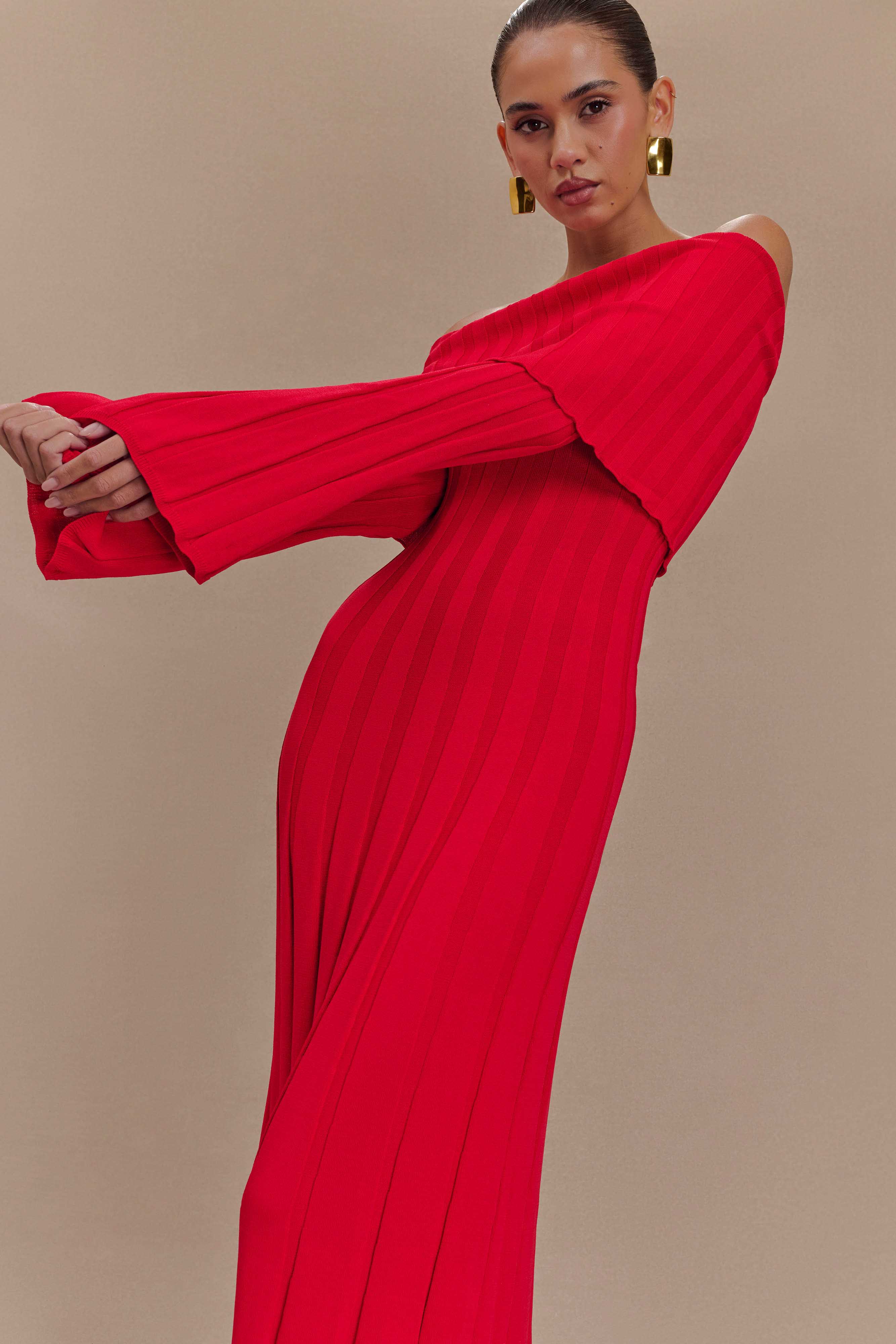 Alonza Long Sleeve Knit Midi Dress - Red - Image 4