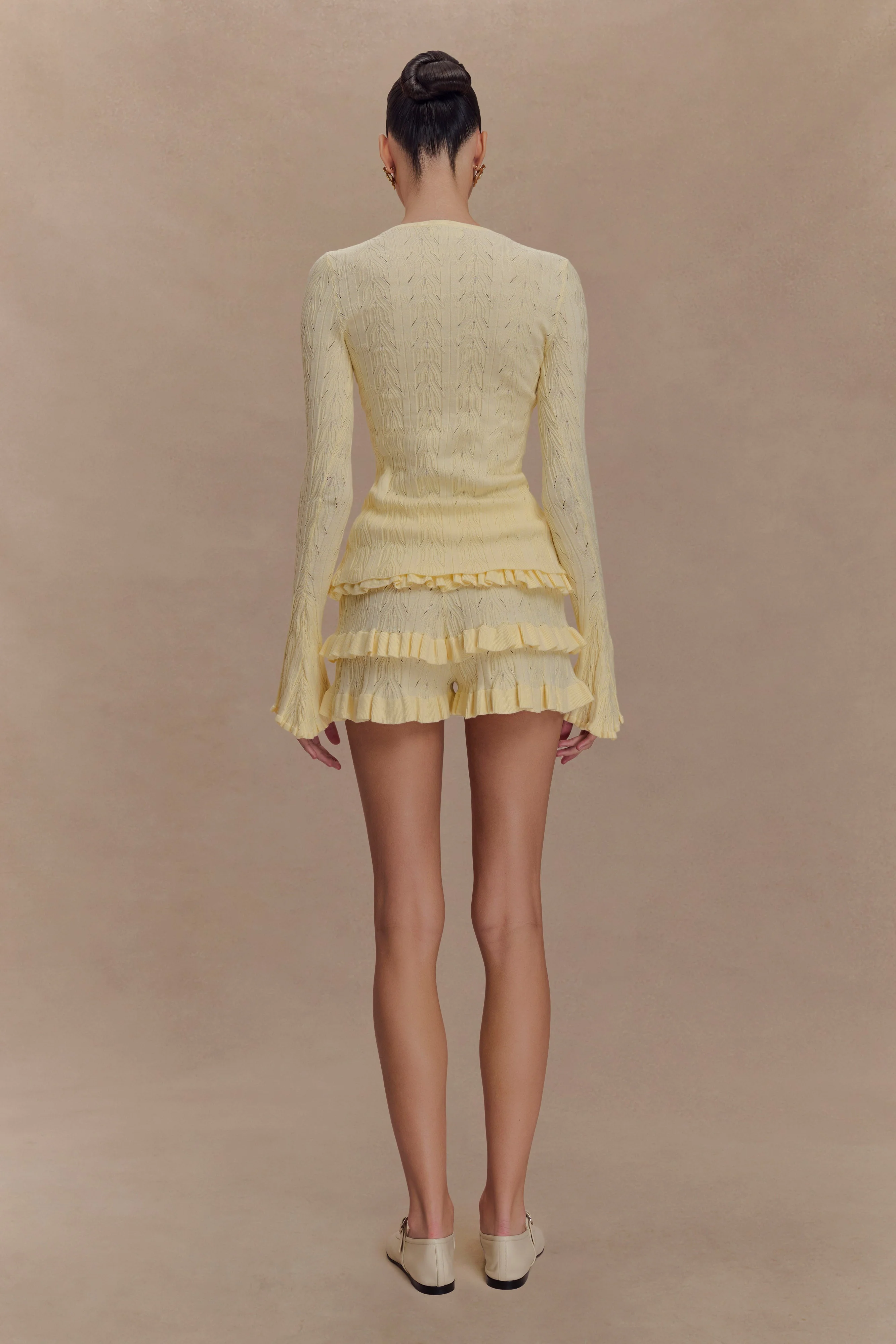 Amy Pointelle Bell Sleeve Cardigan - Lemon - Image 4