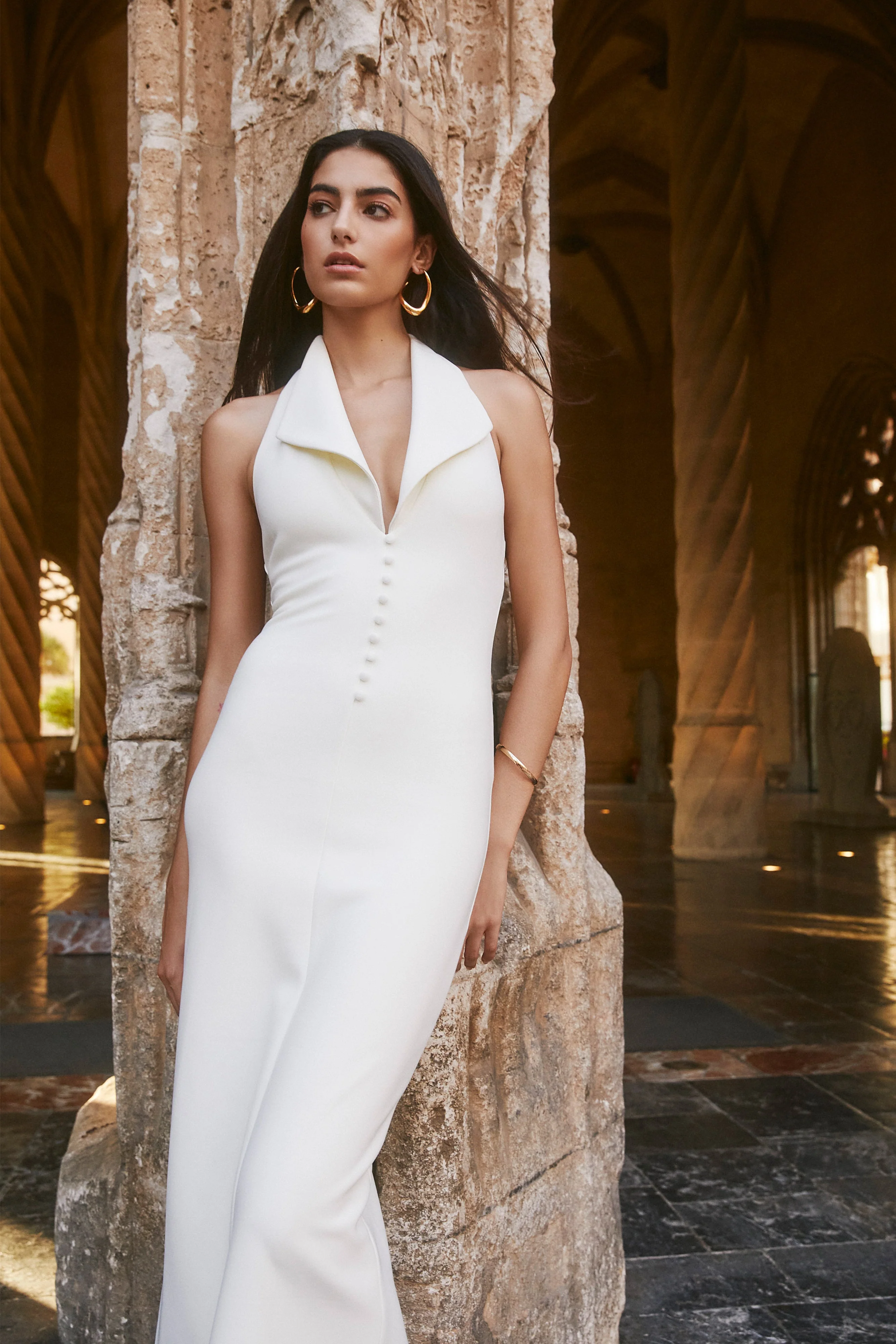 Annita Crepe Halter Midi Dress - Ivory - Image 3