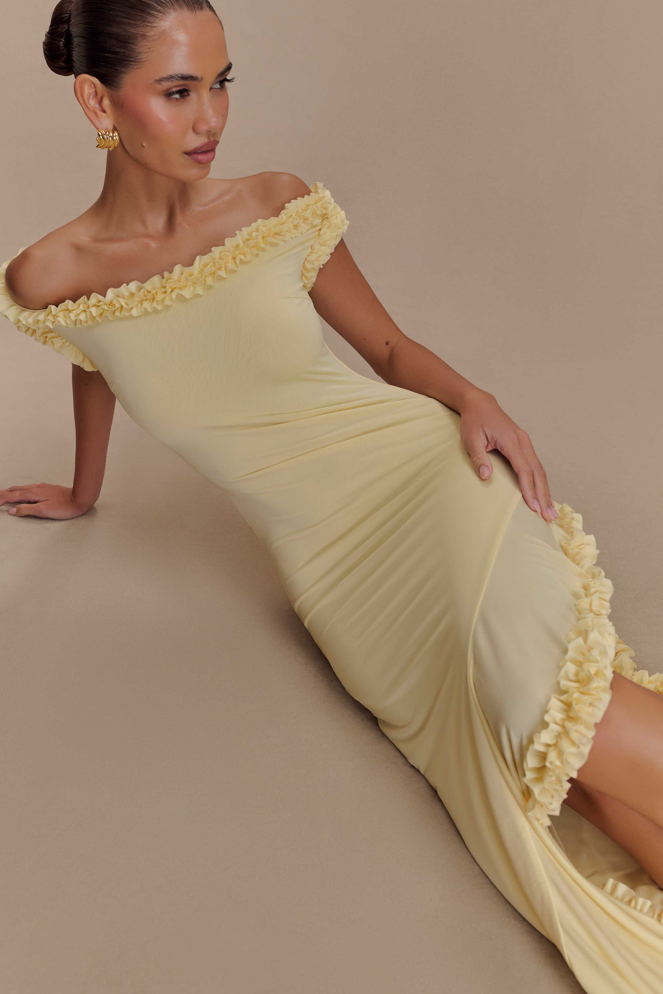 Arielle Off Shoulder Ruffle Midi Dress - Pastel Lemon - Image 4