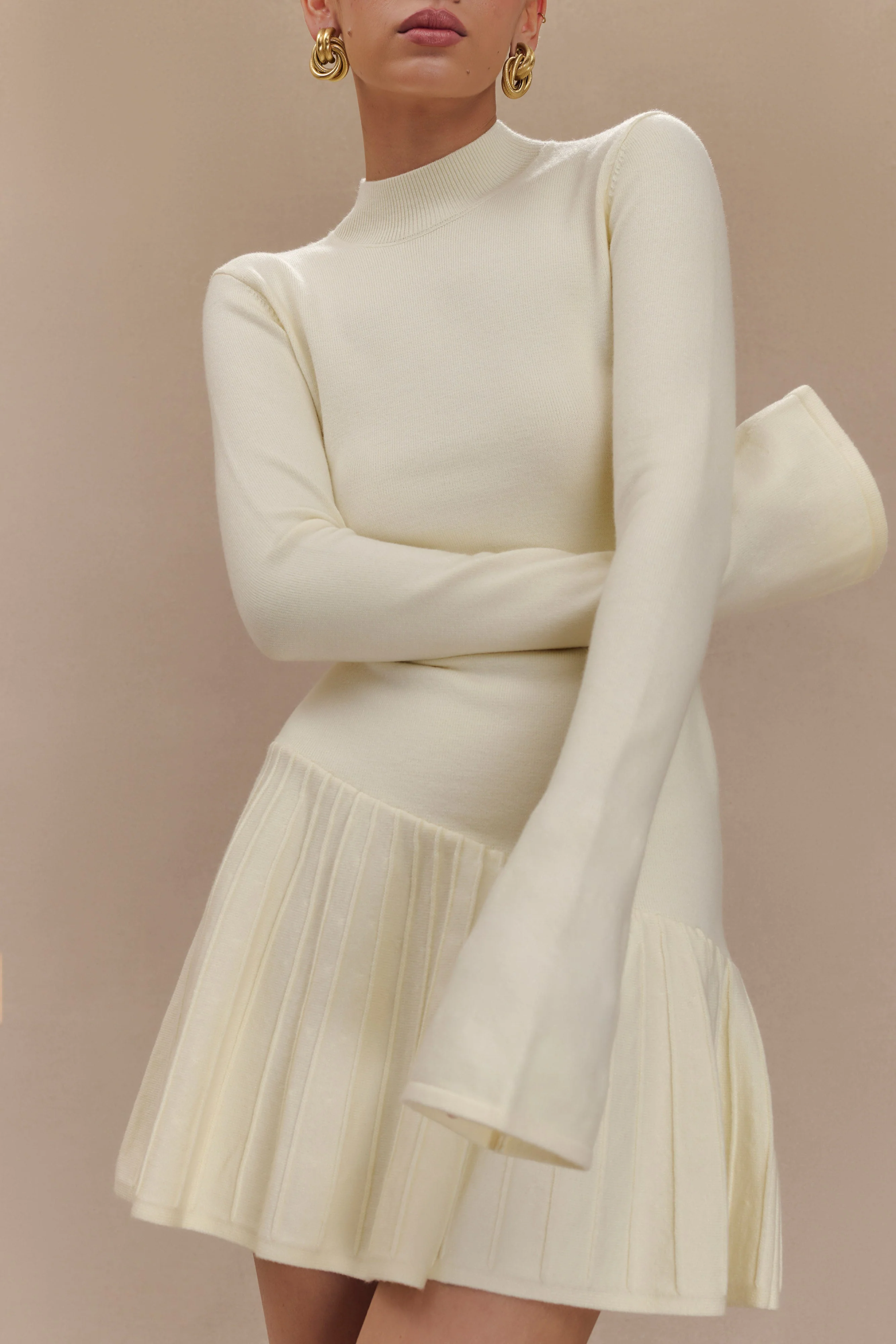 Blair Knit Mini Dress With Pleats - Ivory - Image 3