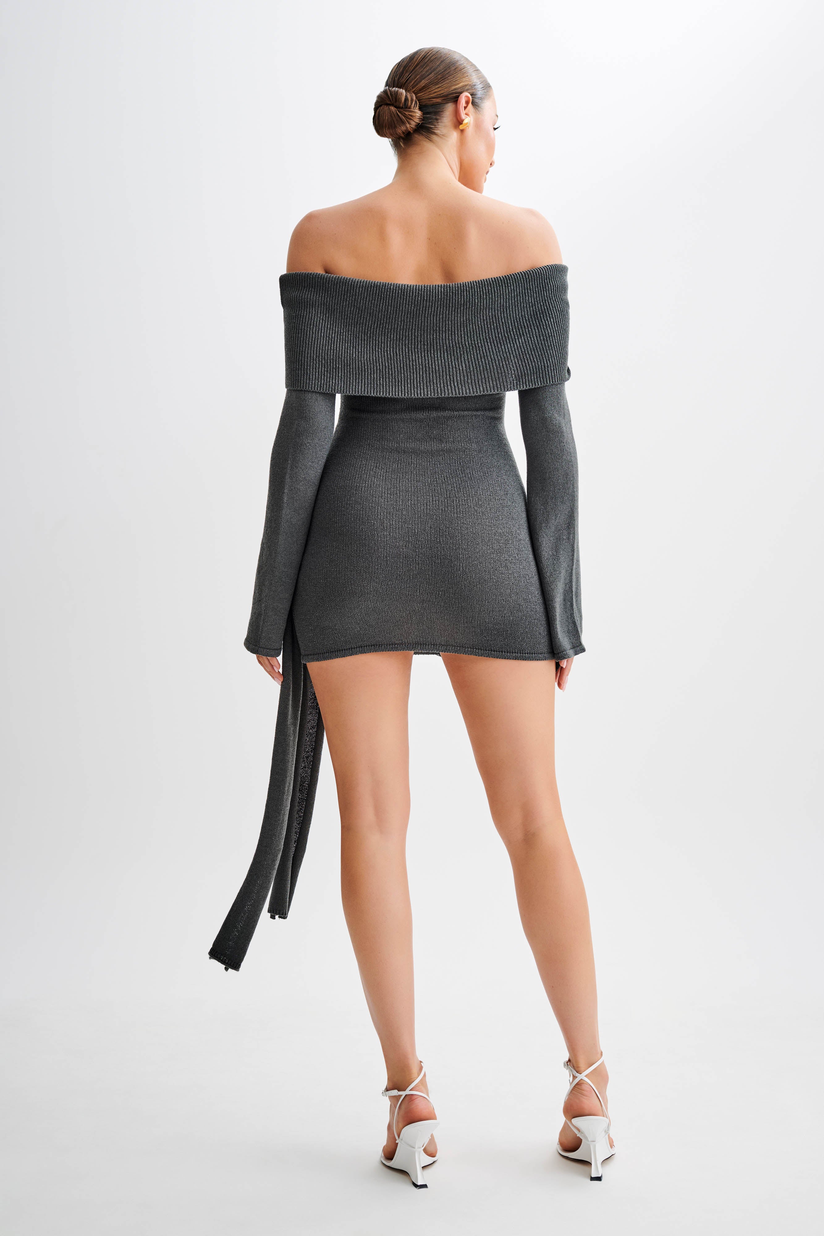 Camryn Off Shoulder Tie Knit Mini Dress - Charcoal - Image 2