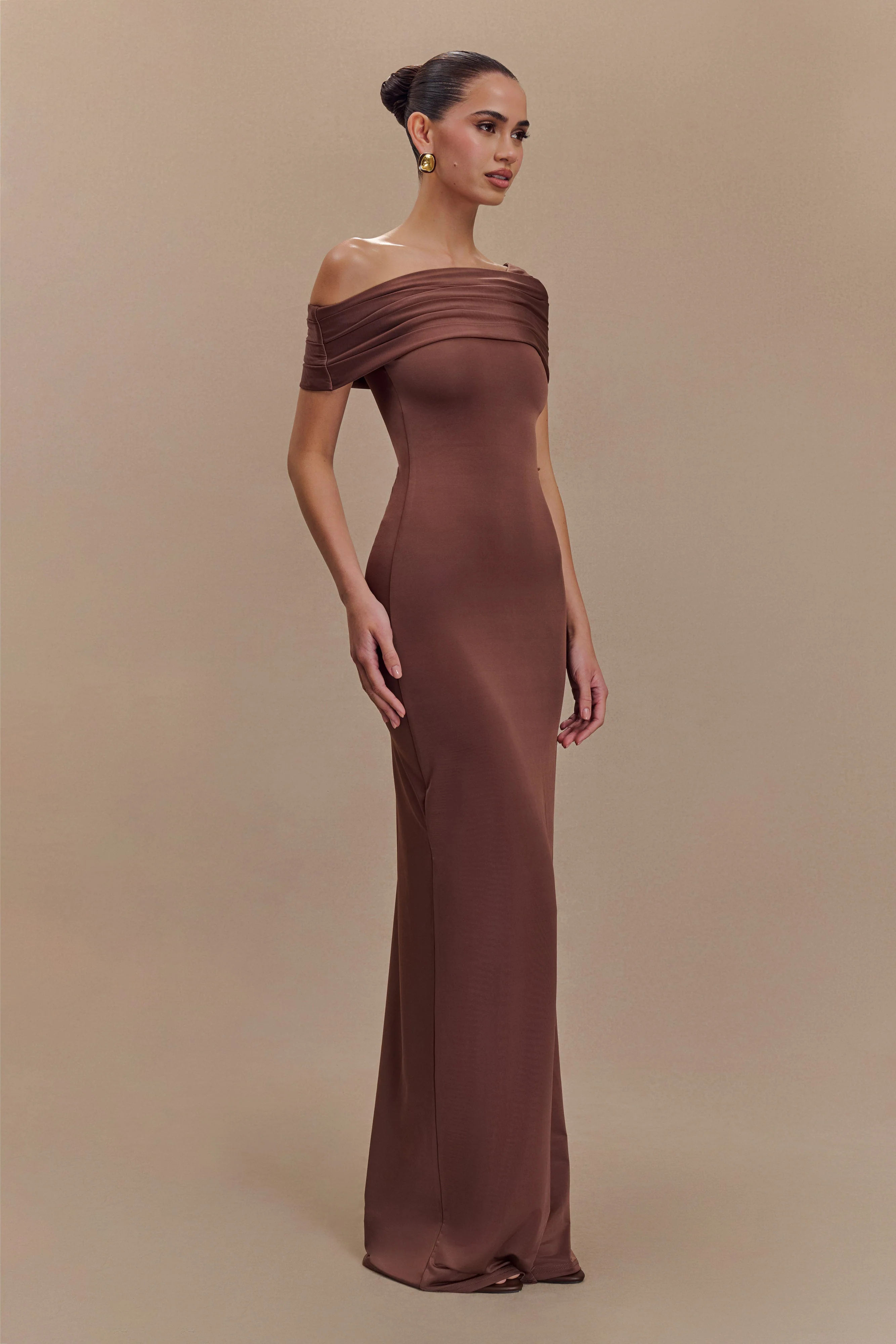 Cassandra Off Shoulder Slinky Maxi Dress - Chocolate - Image 4