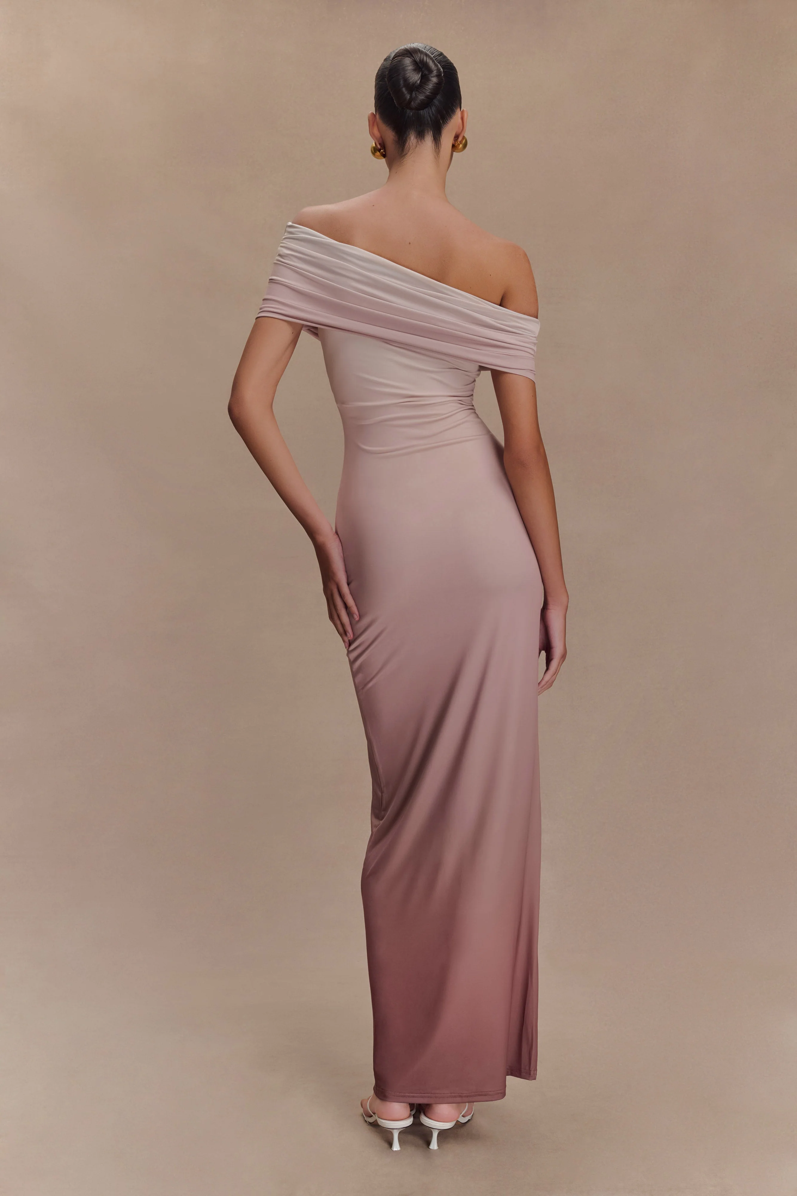 Cassandra Off Shoulder Slinky Maxi Dress - Neutral Ombre - Image 2
