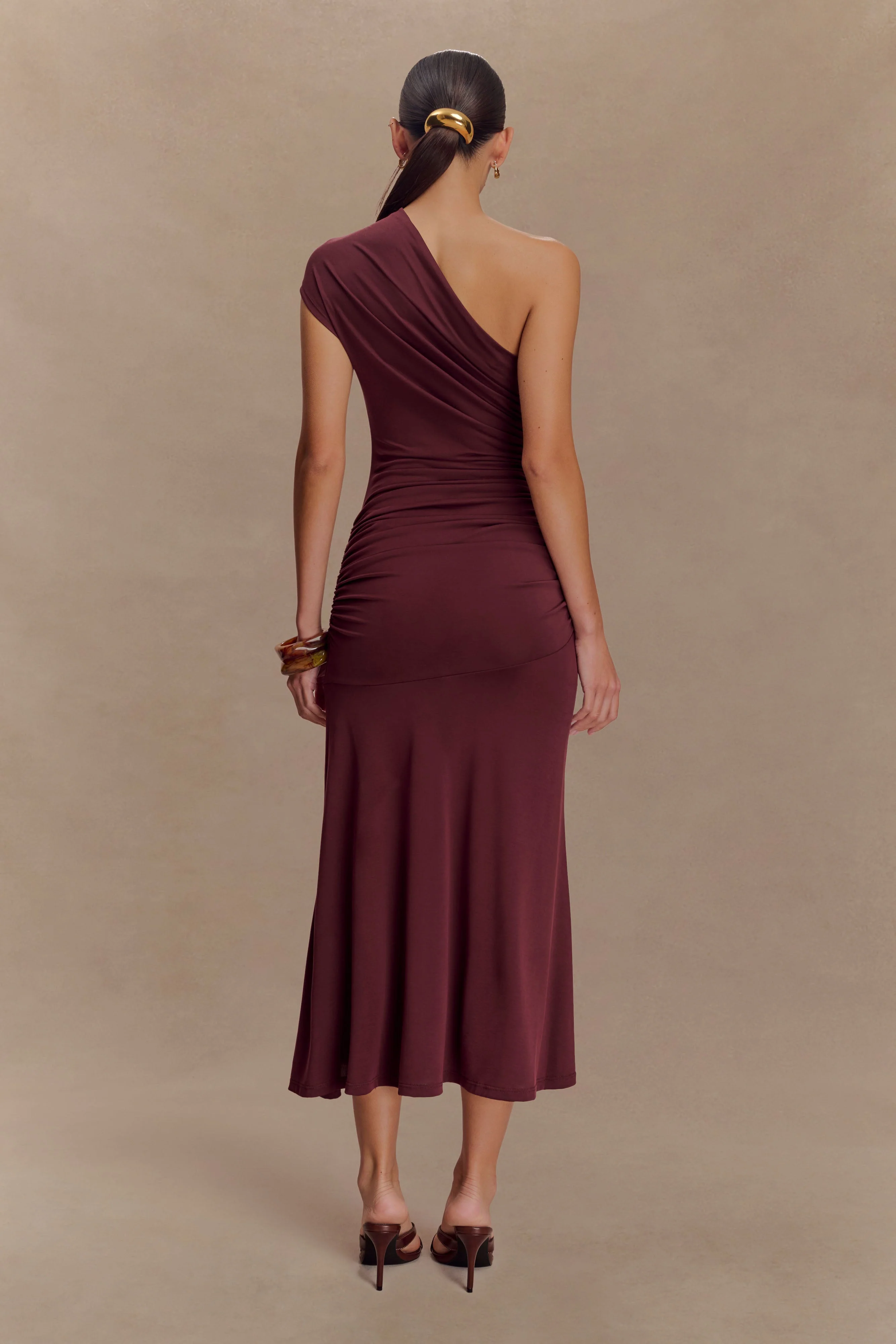 Chloe Peached Jersey One Shoulder Midi Dress - Mahogany - Image 2