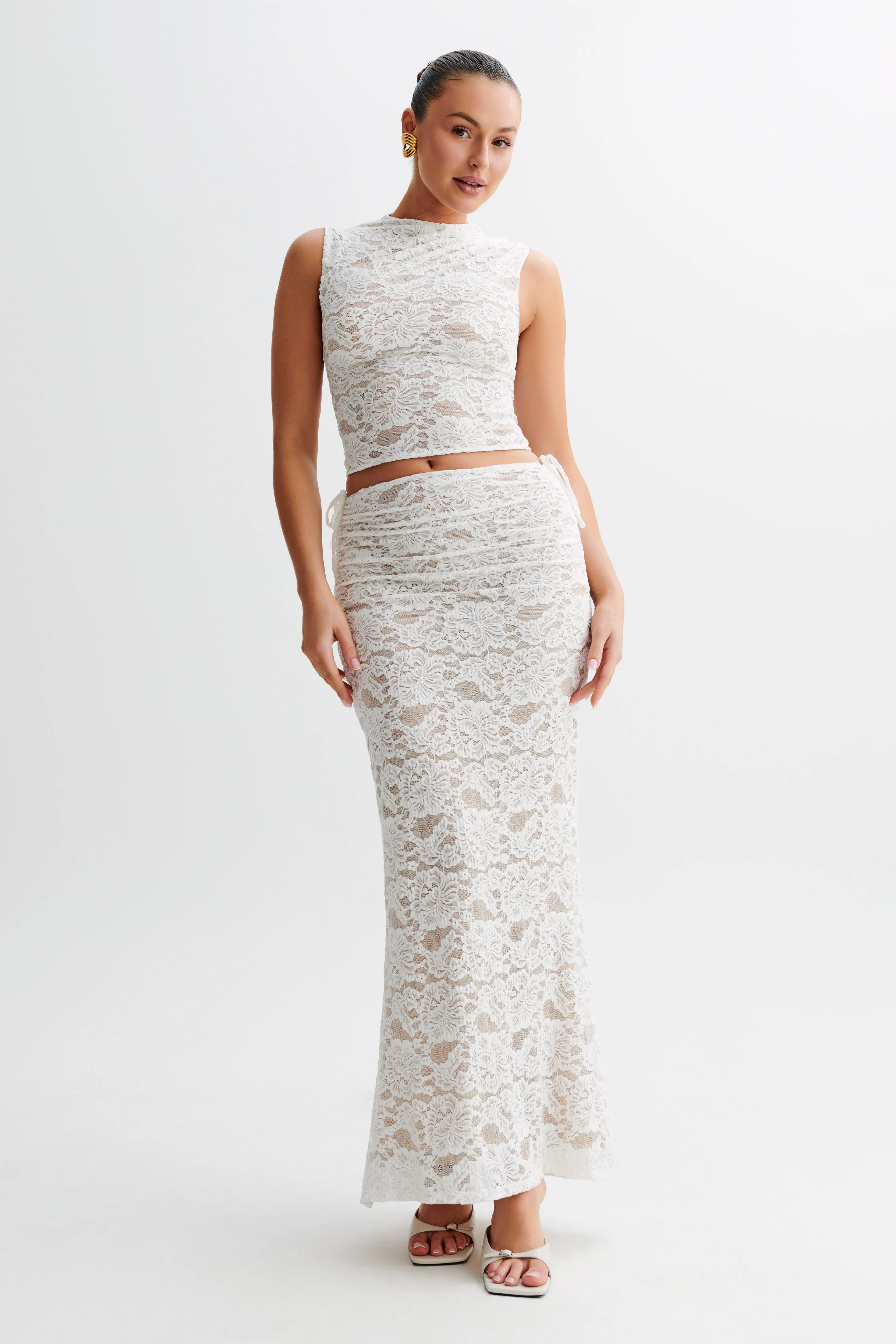 Daniela Lace Plisse Ruched Maxi Skirt - Ivory - Image 2
