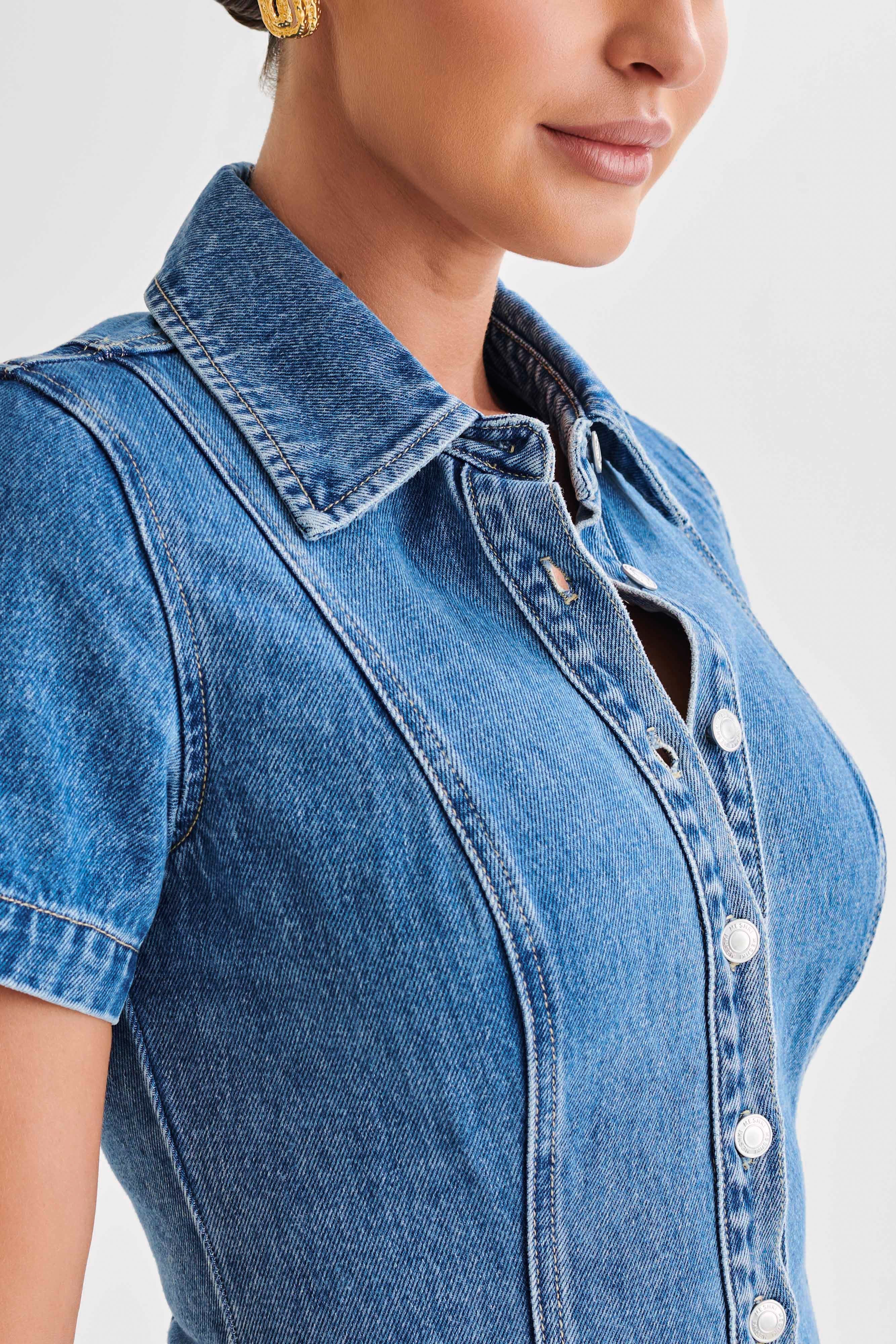 Ellie Denim Short Sleeve Top - 70's Blue - Image 3