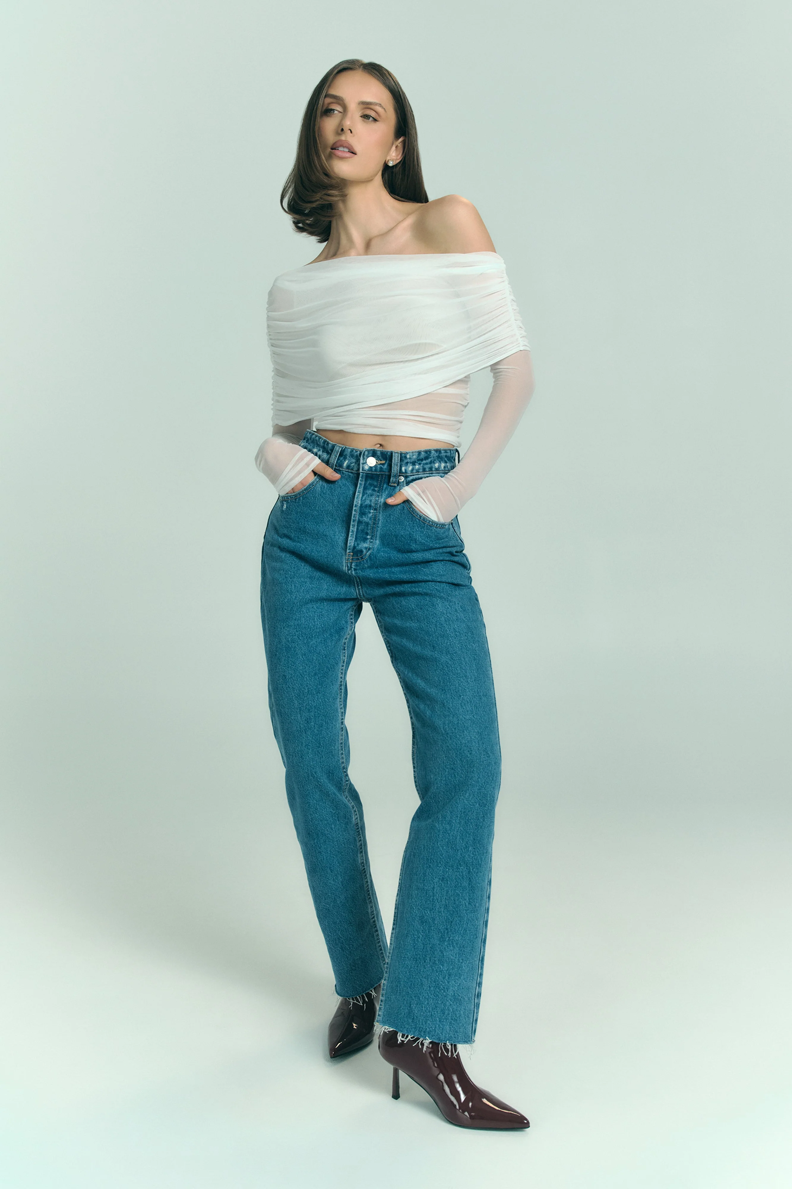 Everly Sheer Mesh Off Shoulder Top - Ivory - Image 2