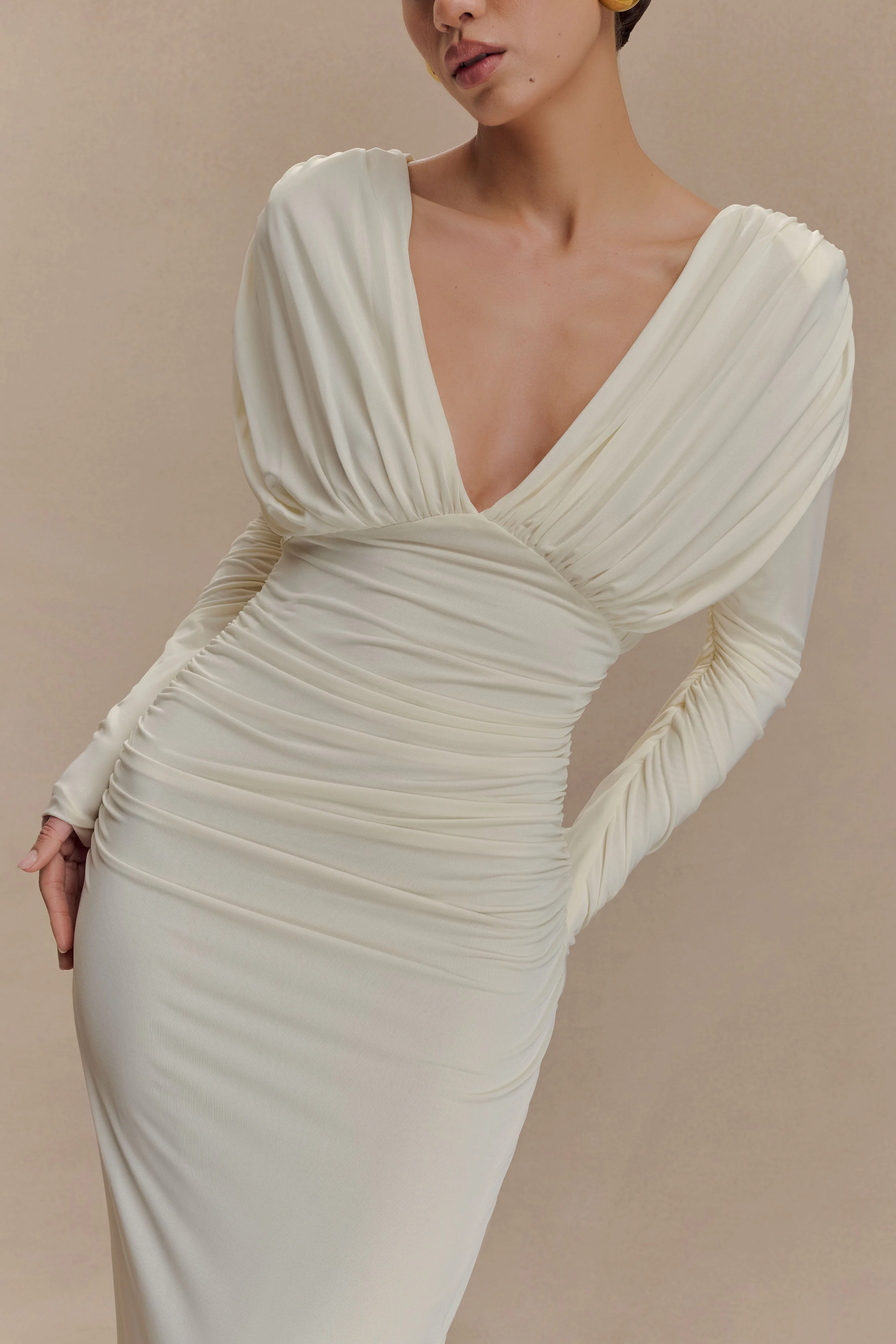 Hayden Long Sleeve Plunge Maxi Dress - Ivory - Image 3