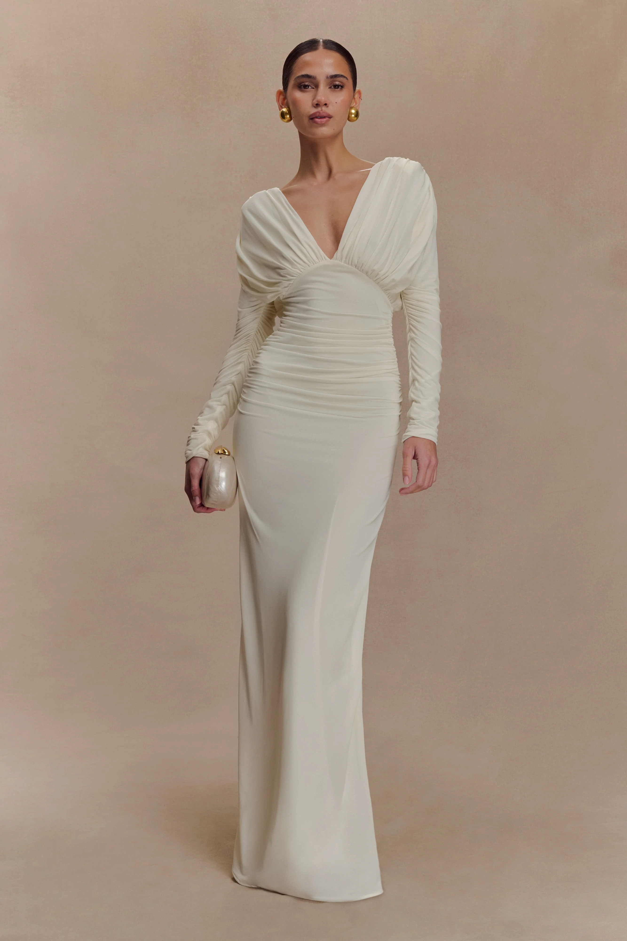 Hayden Long Sleeve Plunge Maxi Dress - Ivory - Image 5