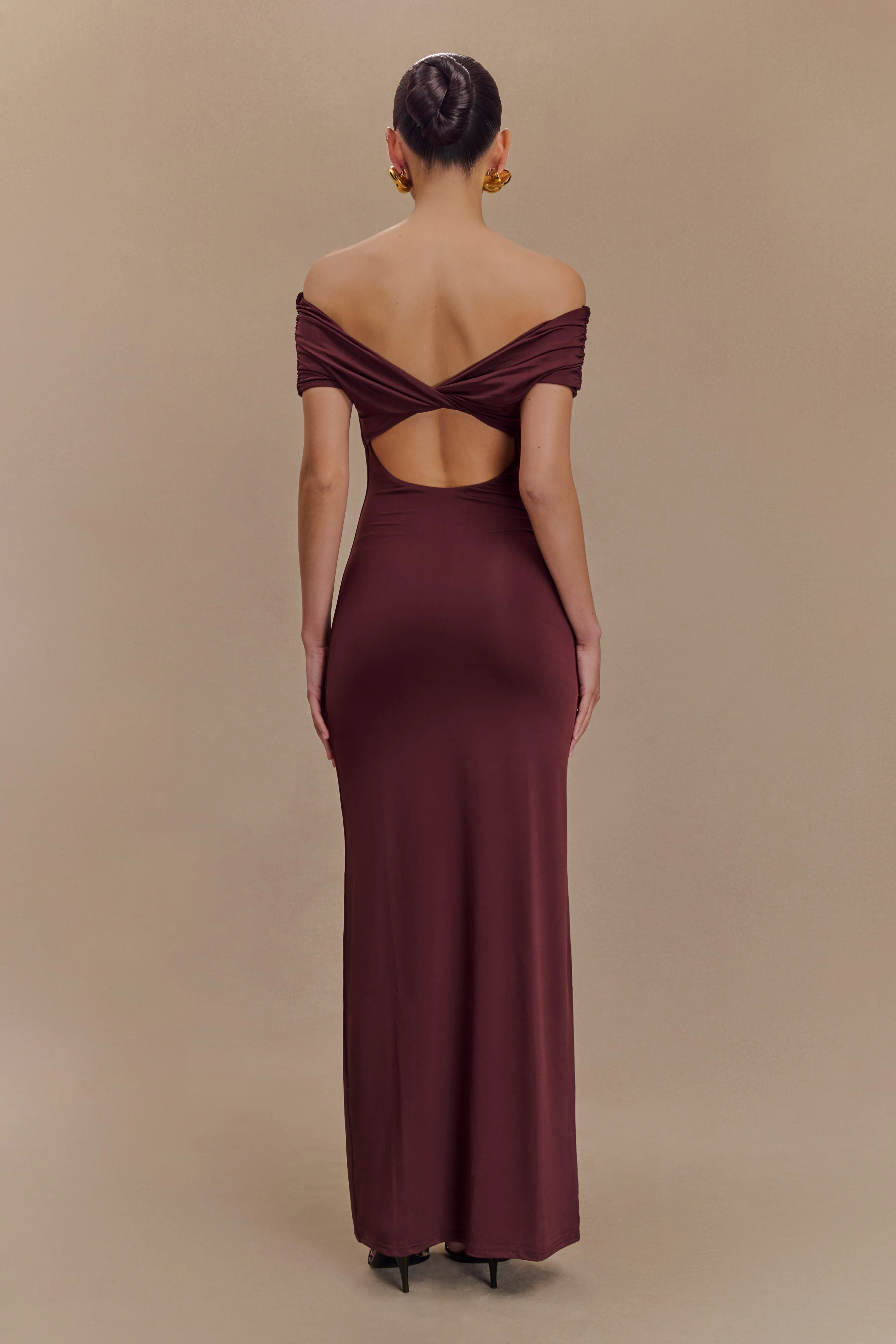 Imogen Off Shoulder Slinky Maxi Dress - Mahogany - Image 2