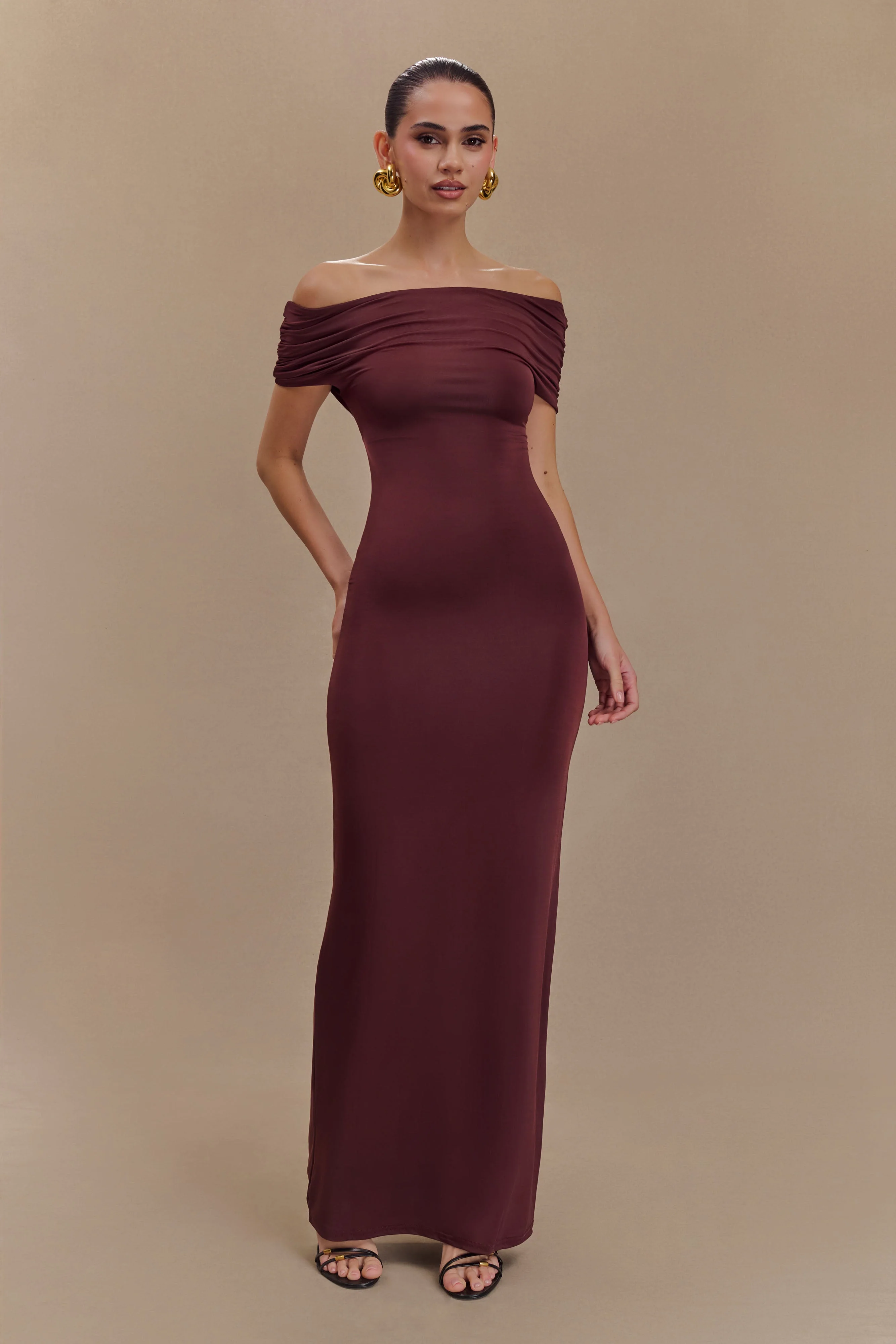 Imogen Off Shoulder Slinky Maxi Dress - Mahogany - Image 6