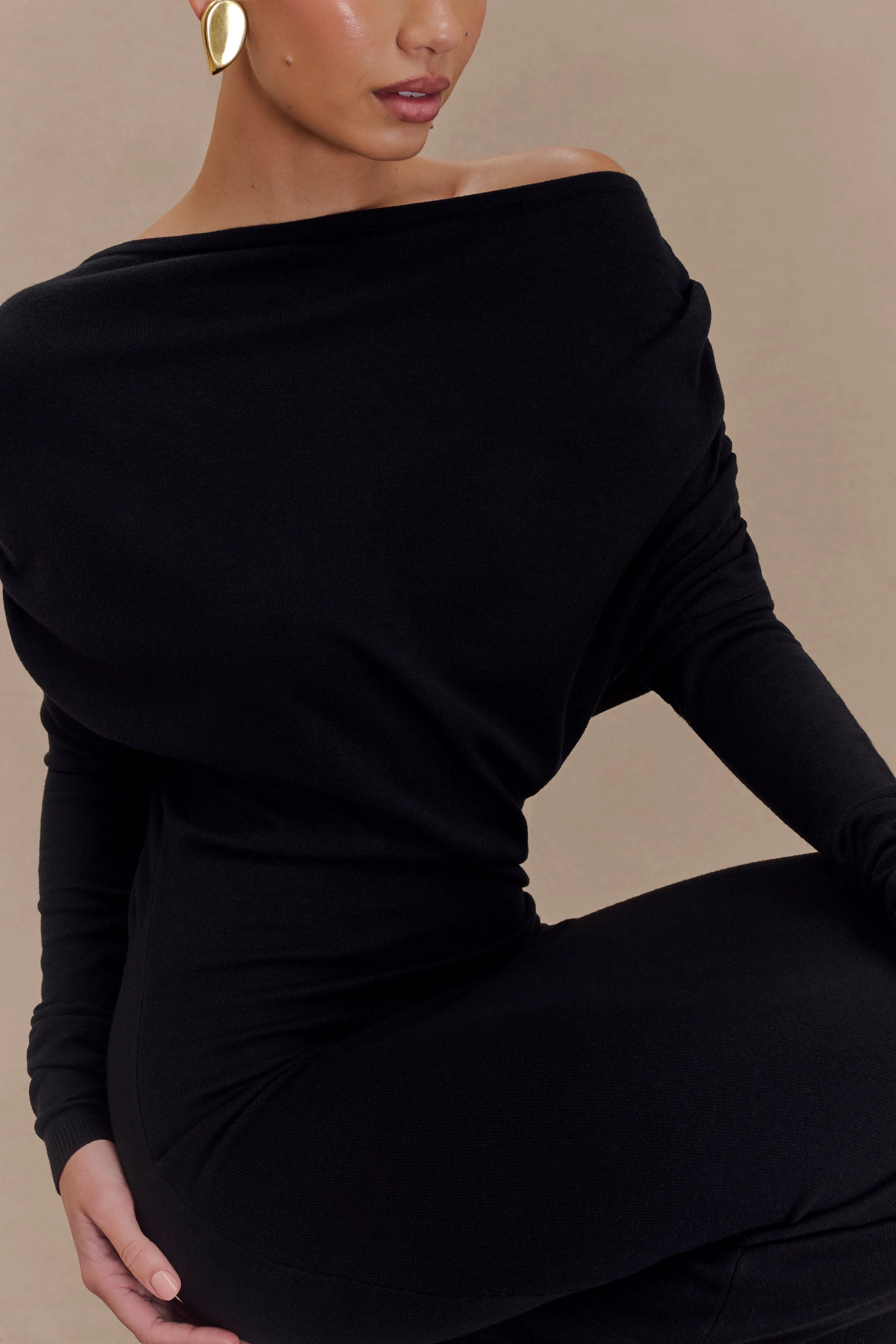 Jessie Cowl Neck Knit Midi Dress - Black - Image 3