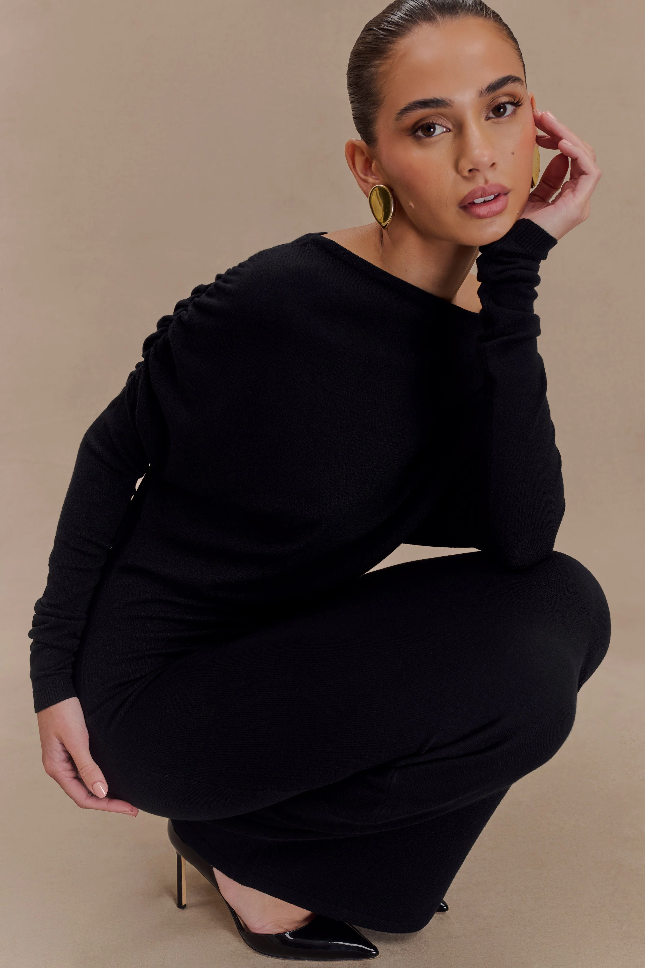 Jessie Cowl Neck Knit Midi Dress - Black - Image 5