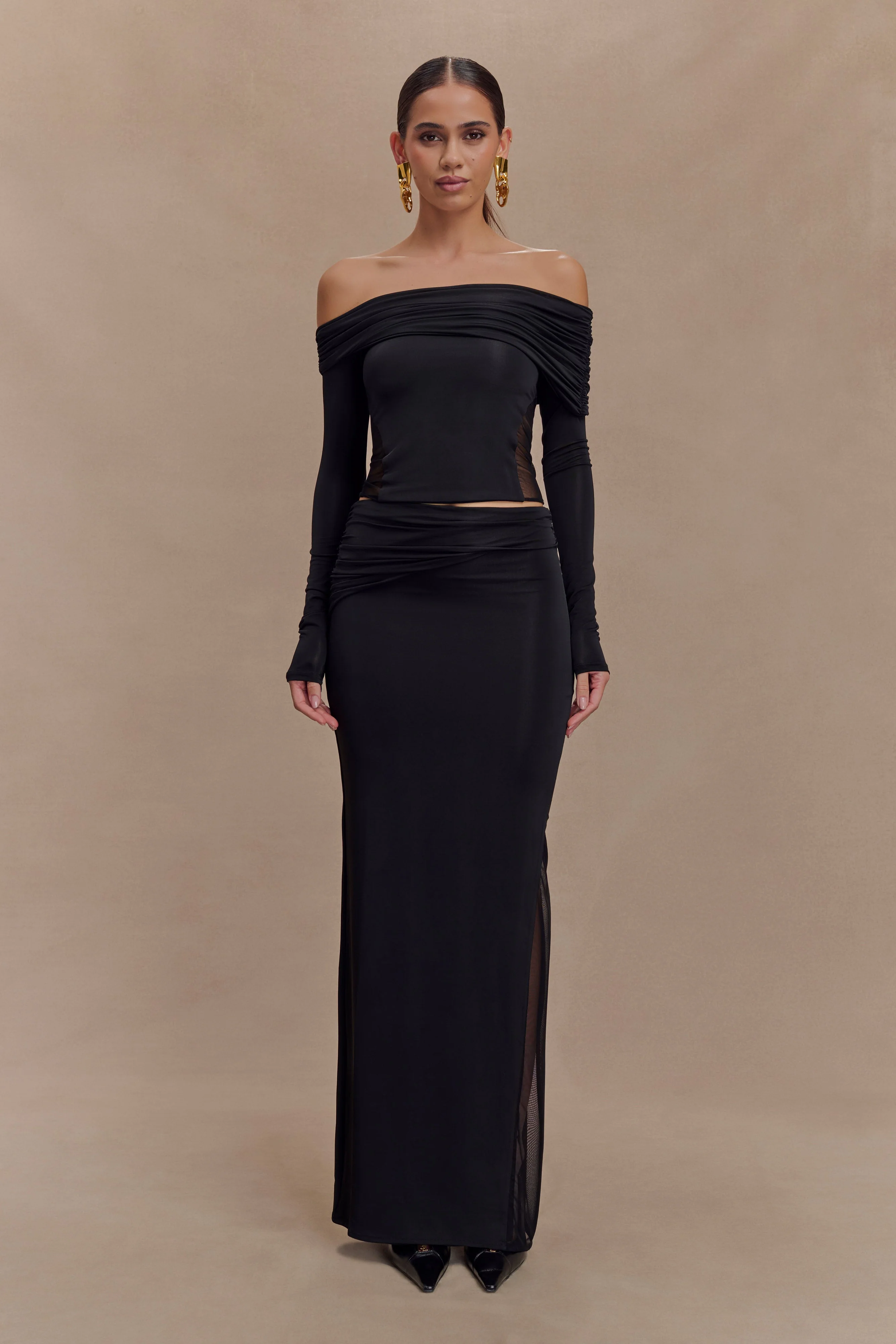 Judy Slinky And Mesh Maxi Skirt - Black - Image 3
