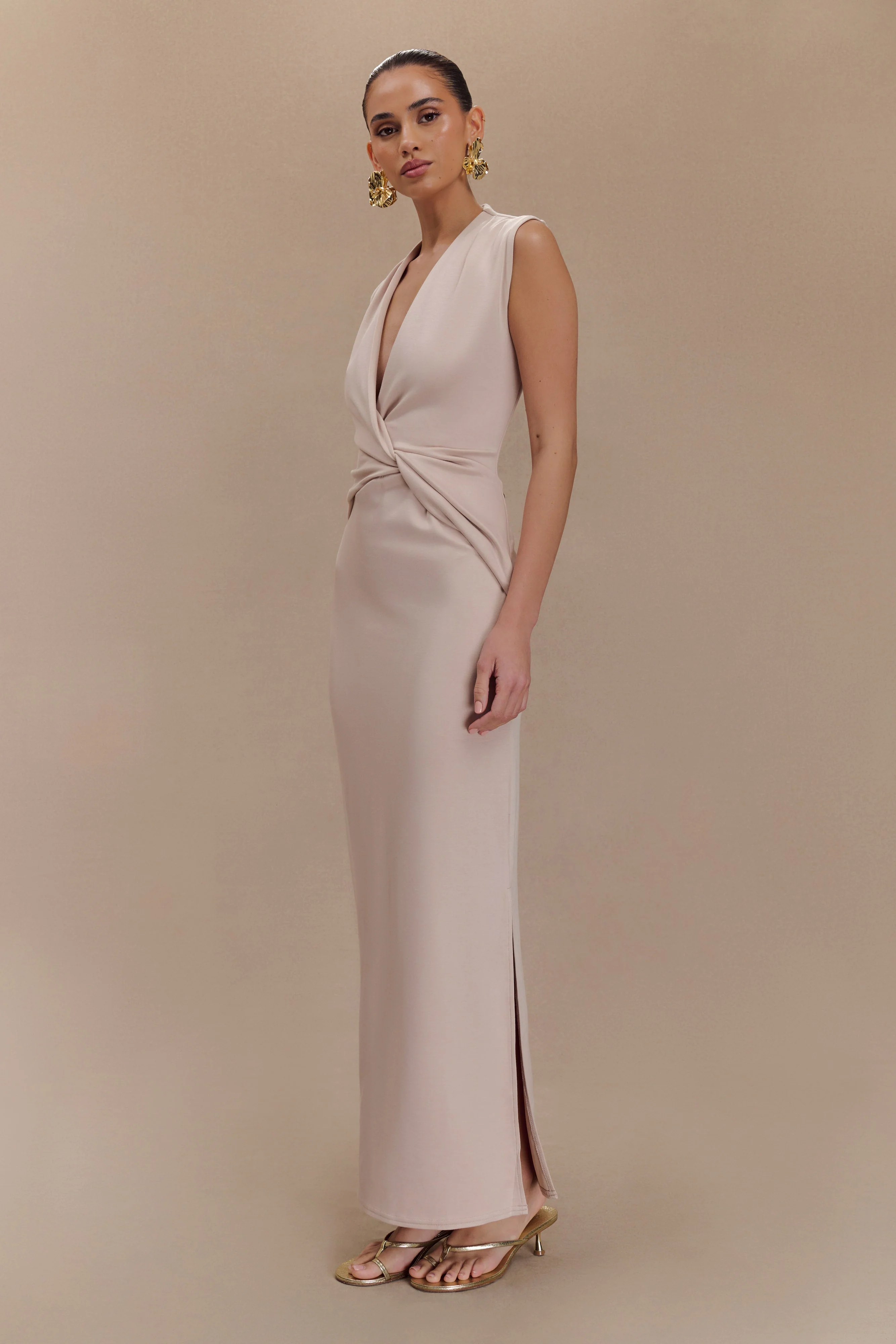 Lorelei Crepe Twist Midi Dress - Taupe - Image 4