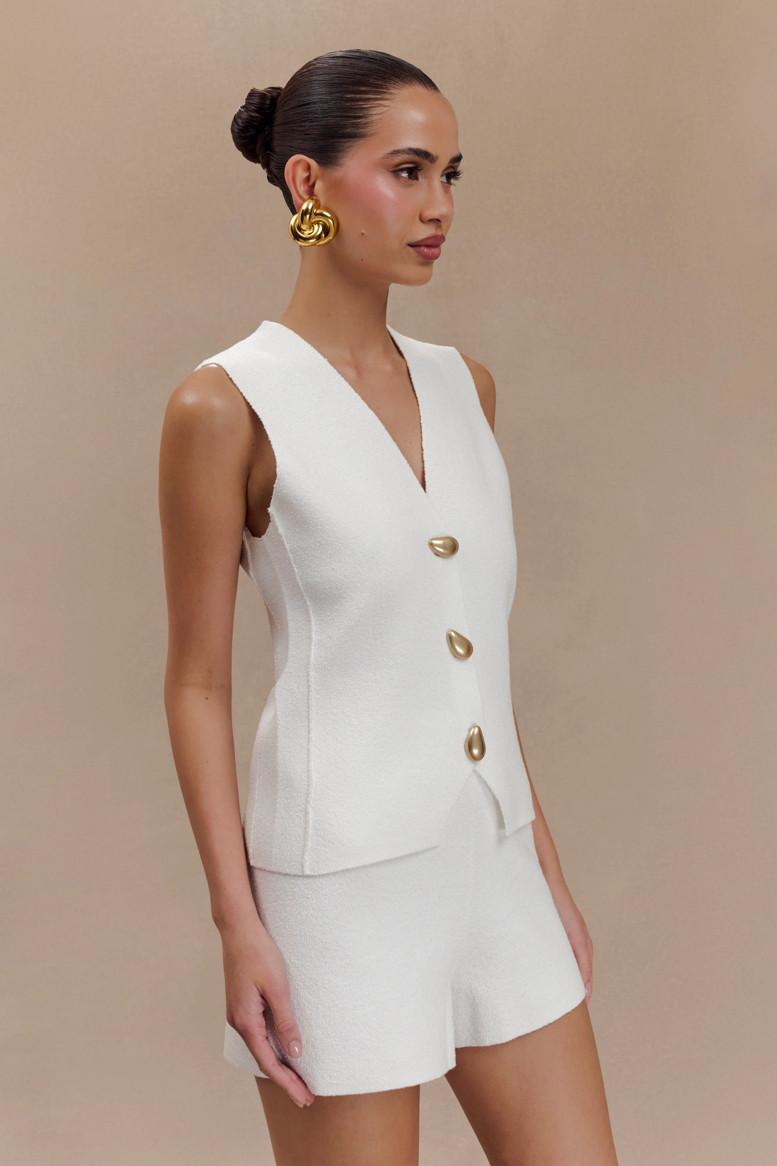 Malika Sleeveless Gold Button Vest - White - Image 4