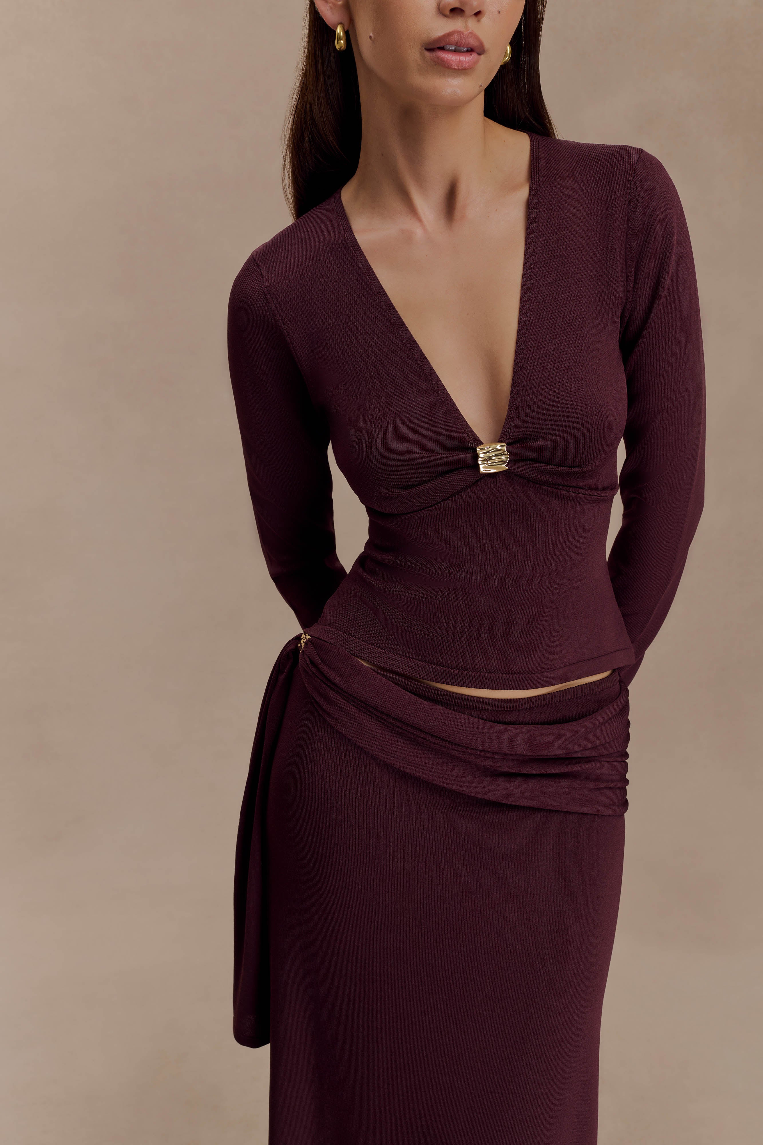 Miraby Front Ruched Knit Long Sleeve Top - Dark Chocolate - Image 3