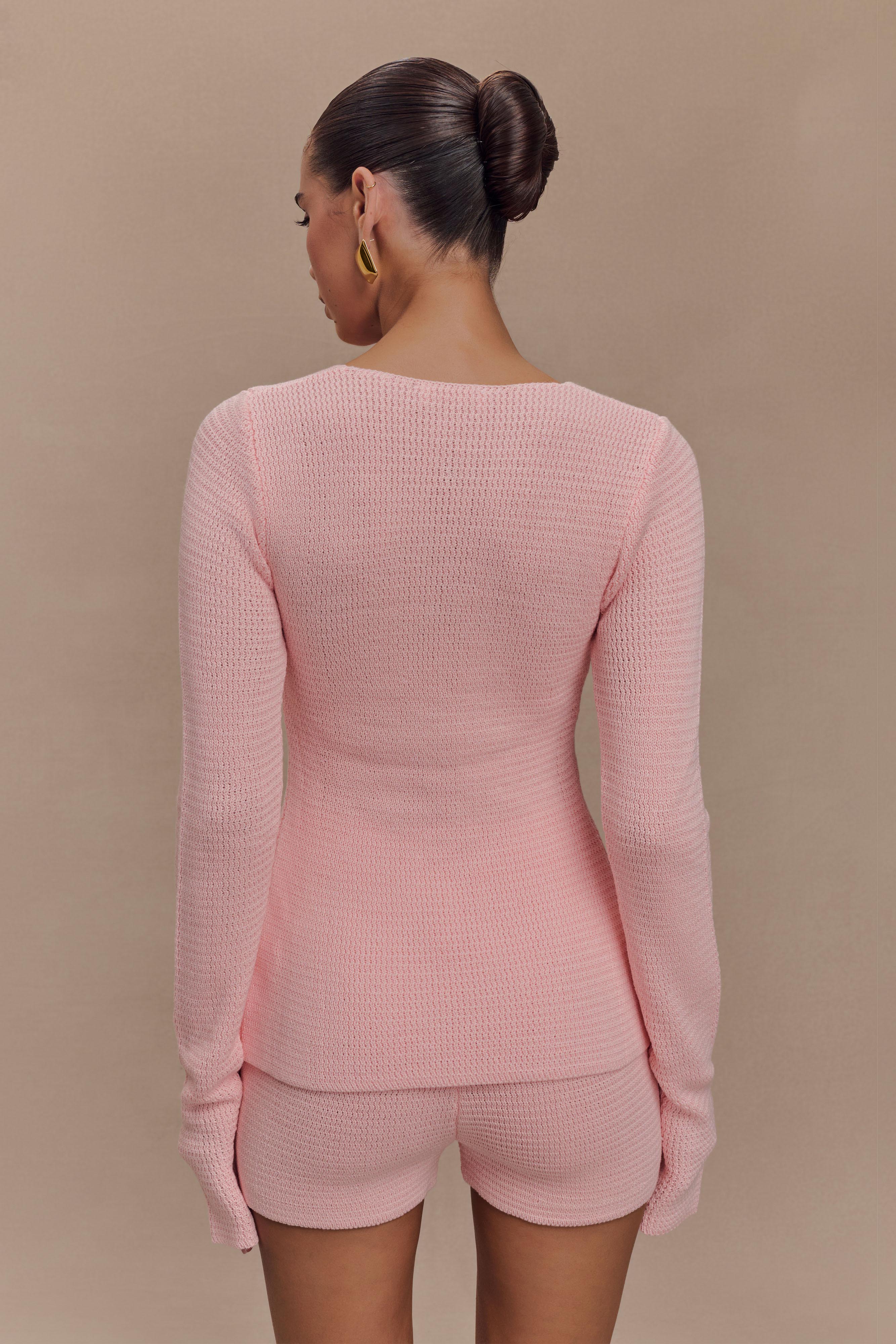 Noah Knit Tie Long Sleeve Top - Baby Pink - Image 6