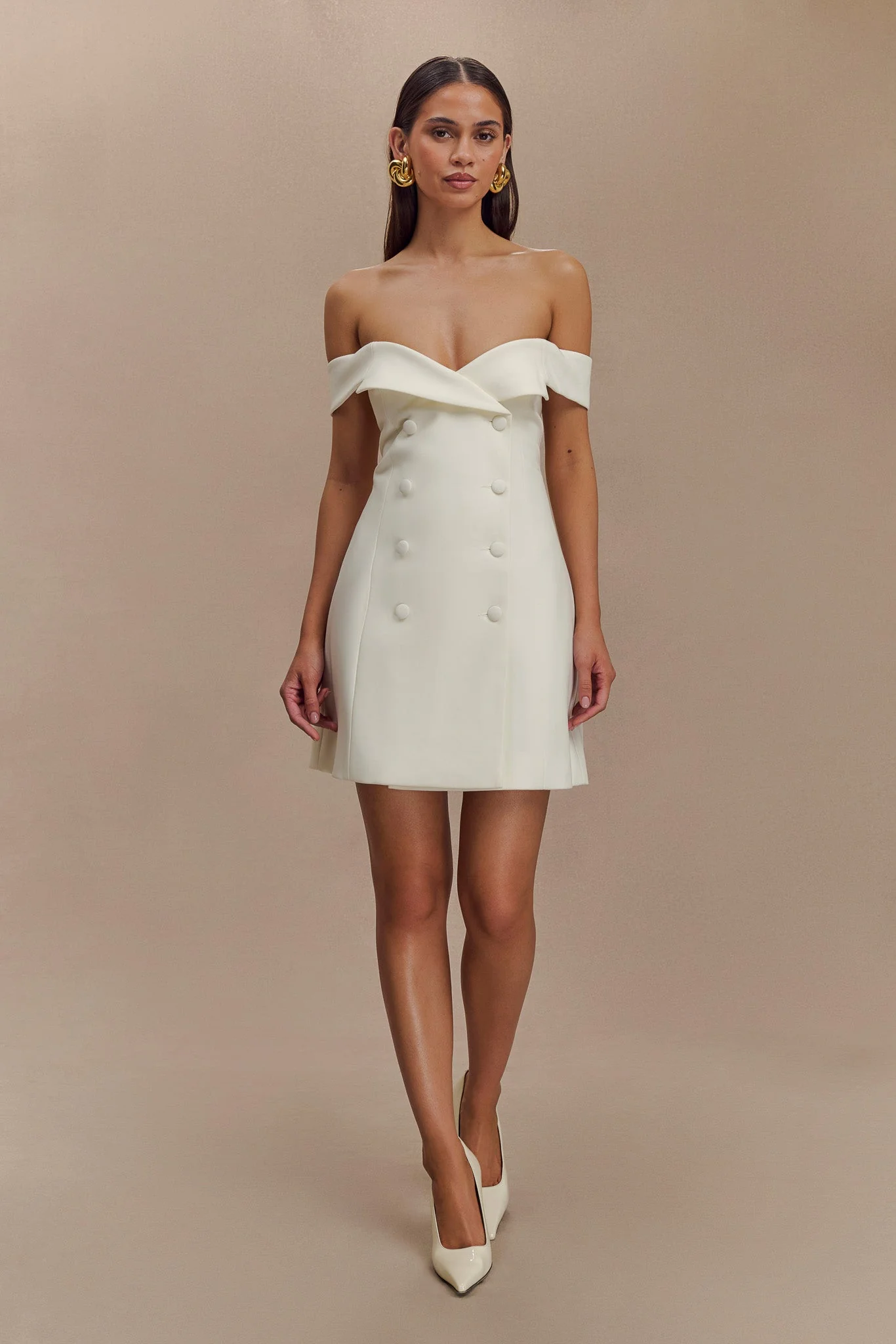 Noelle Off Shoulder Suiting Mini Dress - Ivory - Image 6