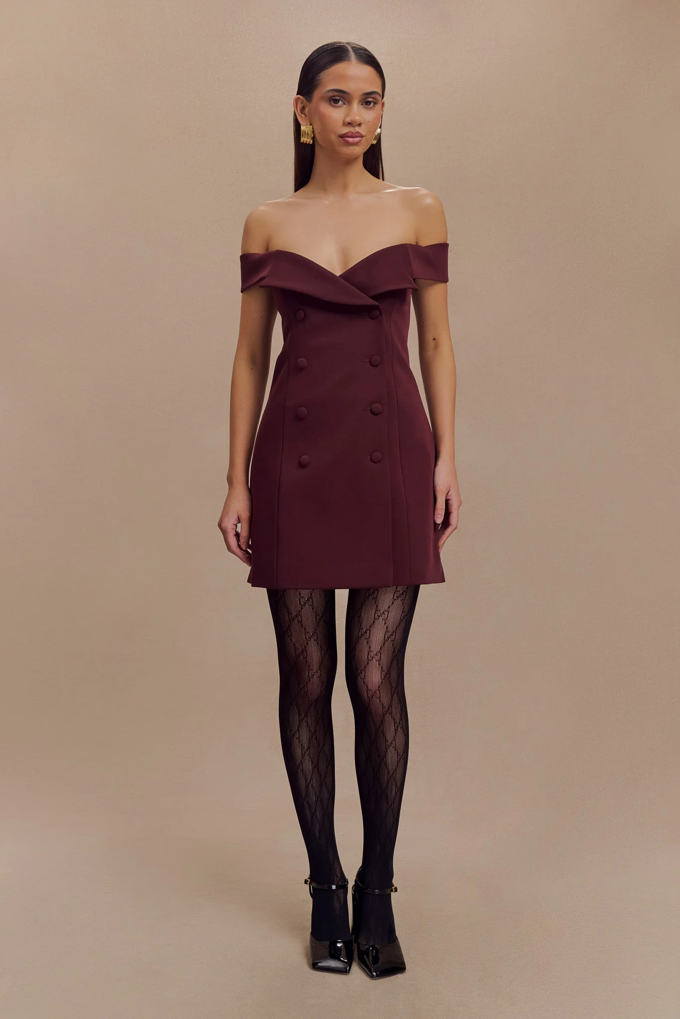 Noelle Off Shoulder Suiting Mini Dress - Mahogany - Image 4