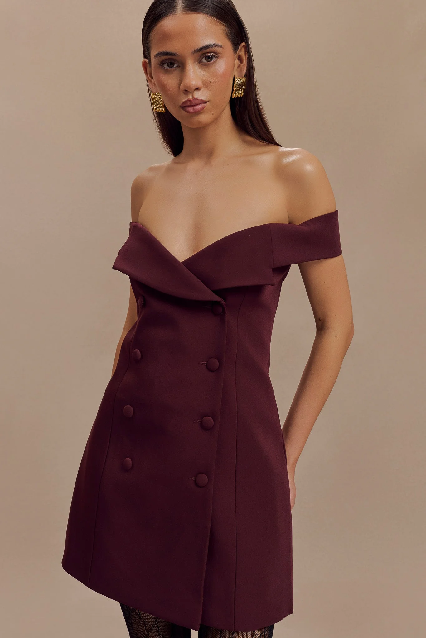 Noelle Off Shoulder Suiting Mini Dress - Mahogany - Image 5