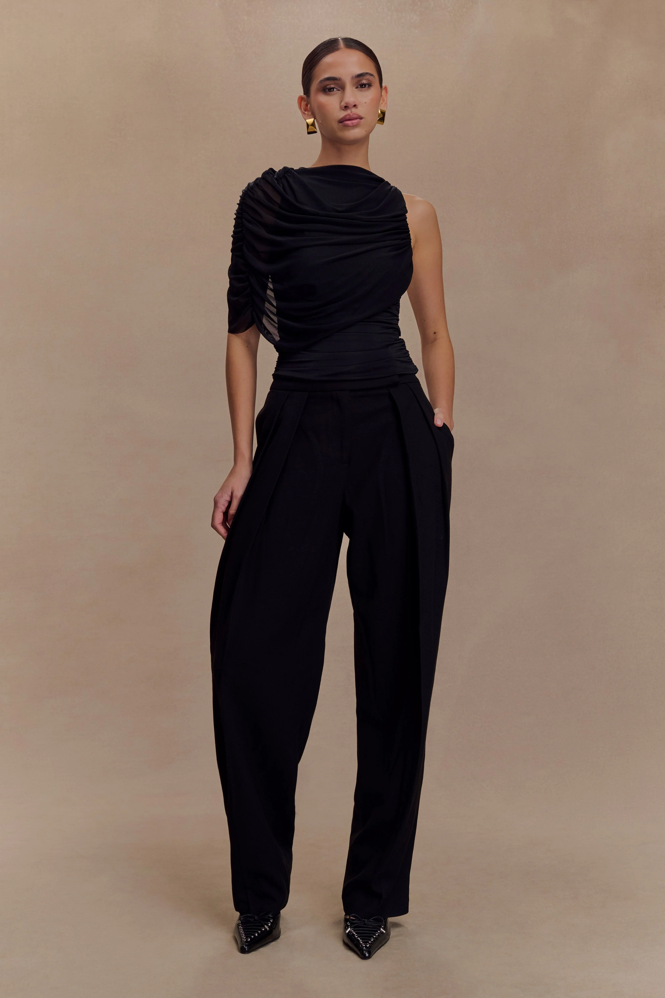 Pruedance Slinky Draped Top With Mesh Overlay - Black - Image 5