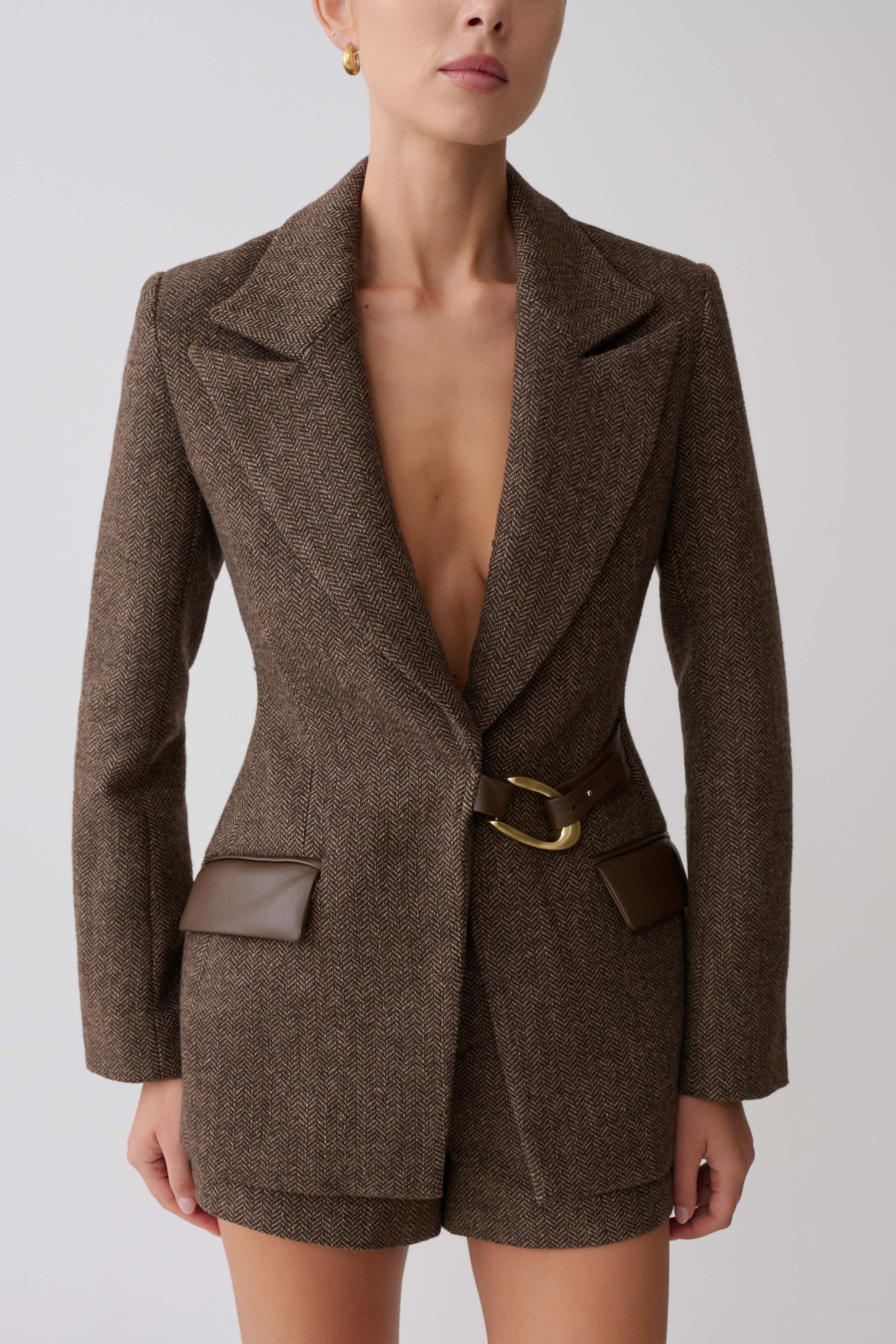 Romy Structured Blazer With Hardware - Herringbone - Image 2
