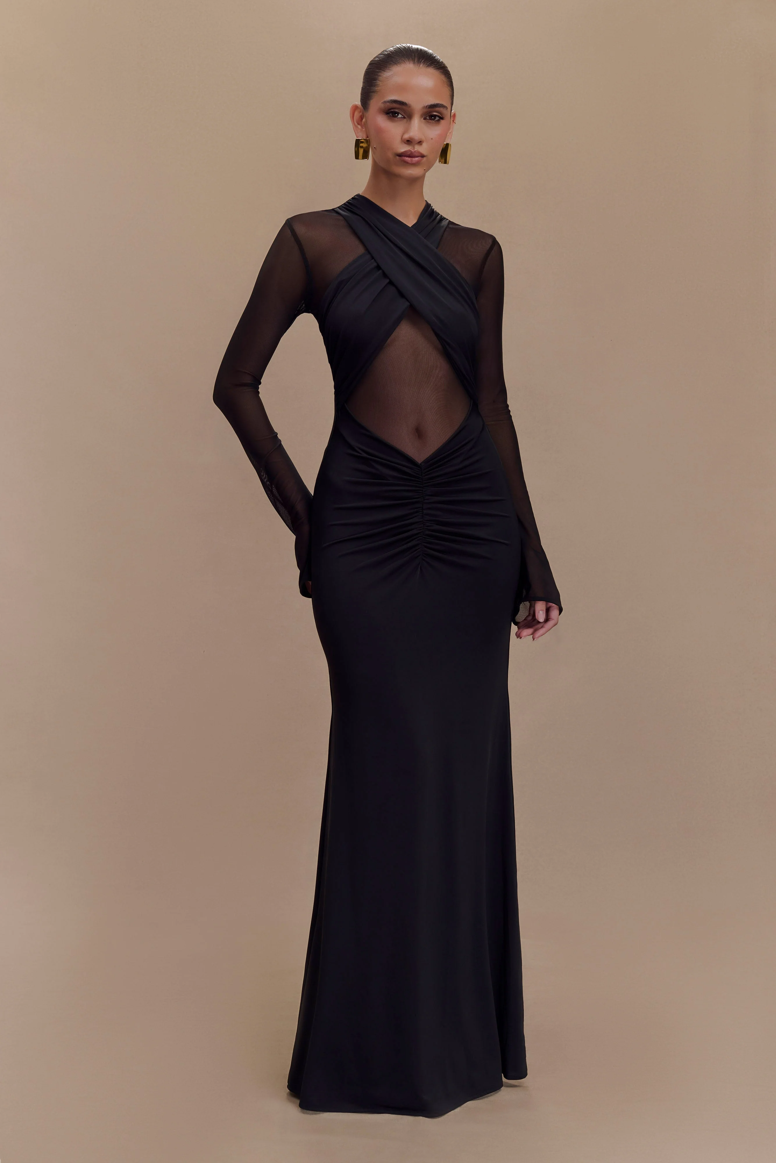 Tania Slinky And Mesh Long Sleeve Maxi Dress - Black - Image 5