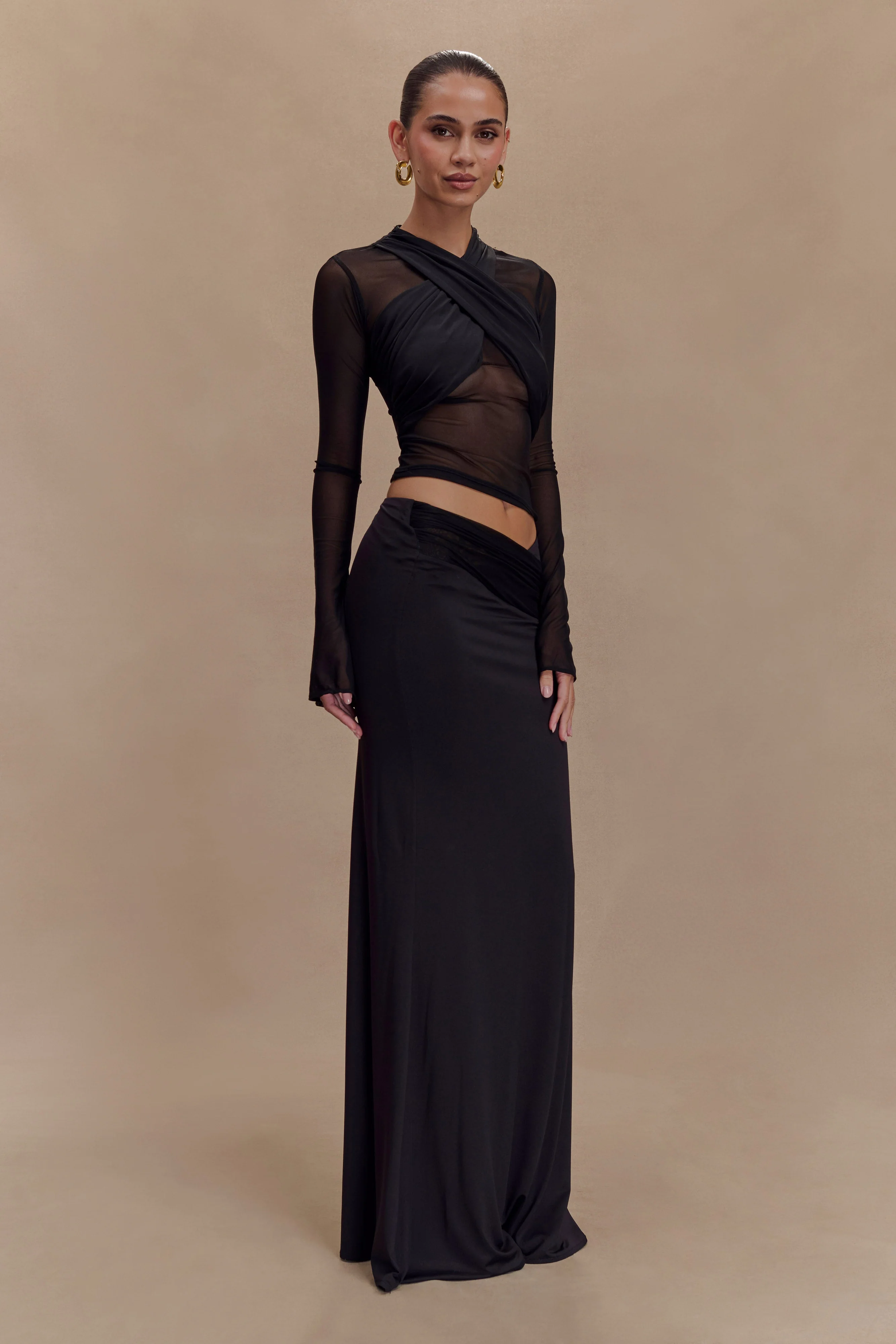 Tania Slinky And Mesh Long Sleeve Top - Black - Image 4